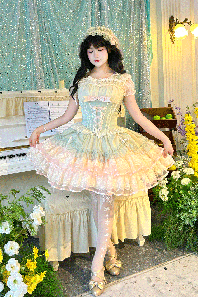 Green Bale Bebe Sleeveless Triple-Layered Ruffled Bow Lace-Up Sweet Ballet Lolita Dress