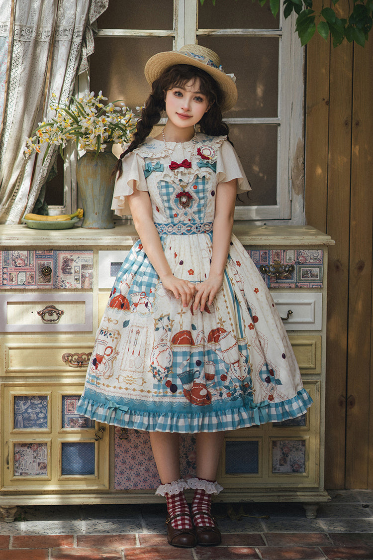 Blue/Green Tea Party Print Ruffle Bowknot Lace Sweet Elegant Lolita Jsk Dress