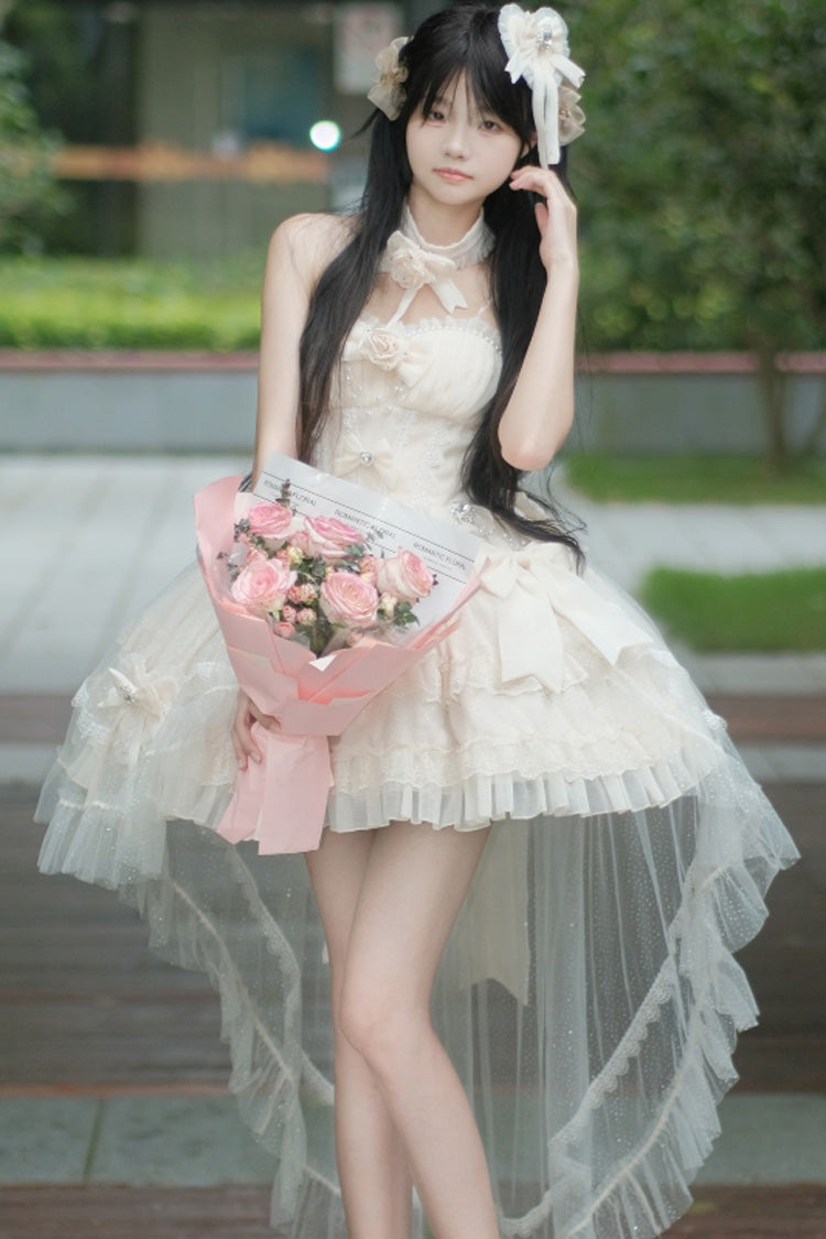 Ivory Galaxy Flower Language Multi-Layered Ruffle Bowknot Sweet Lolita Tube Top Dress