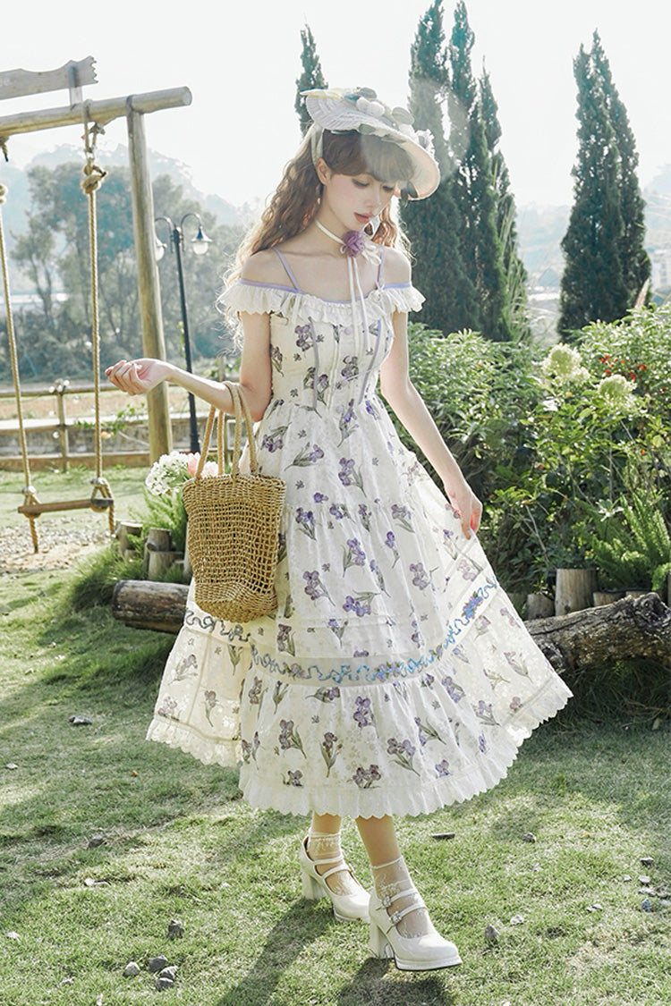 Ivory Moonlight Iris Off Shoulder Print Ruffle Embroidery Lace Sweet Lolita Jsk Dress