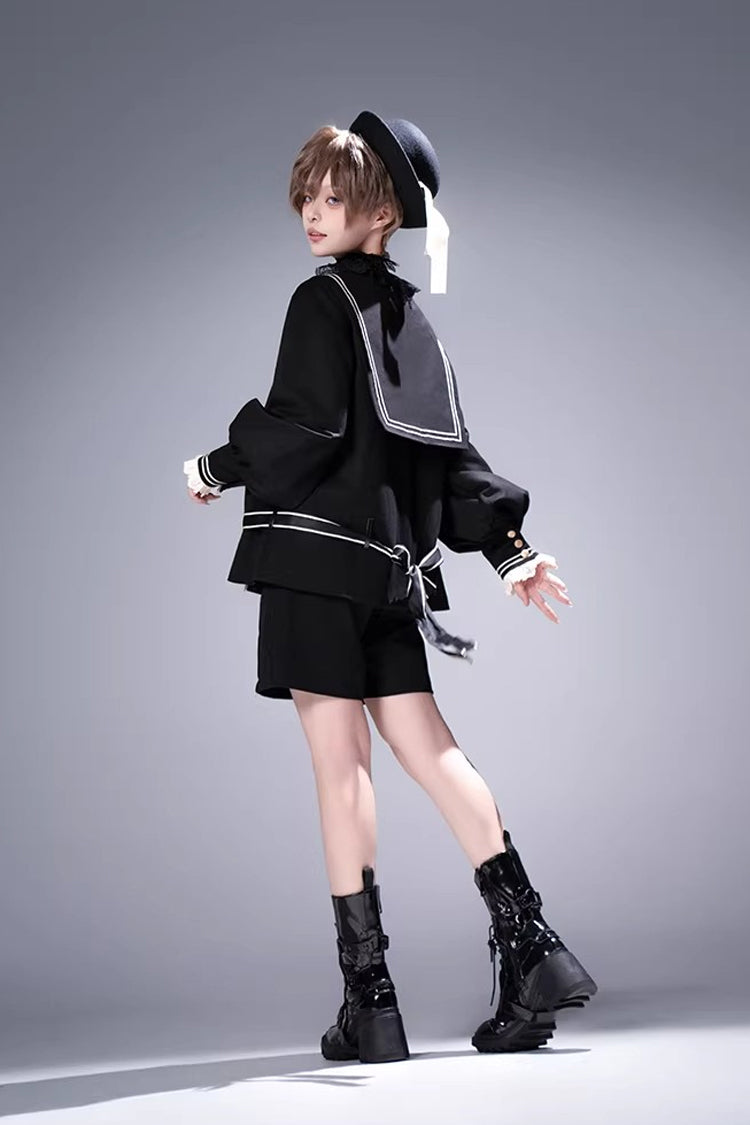 Black City of Mist Navy Collar Long Sleeves Gothic College Style Prince Ouji Lolita Shorts Coat Set