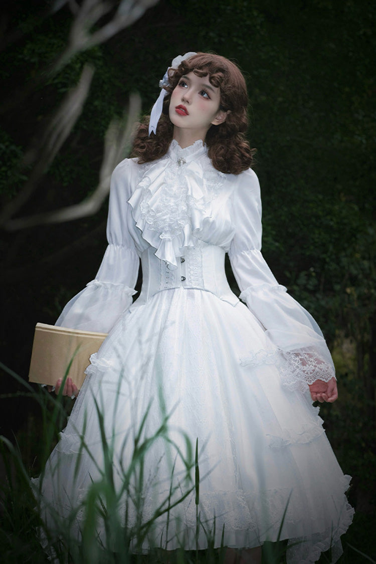 White Requiem Stand Collar Long Sleeves Ruffle Lace Gothic Lolita Dress