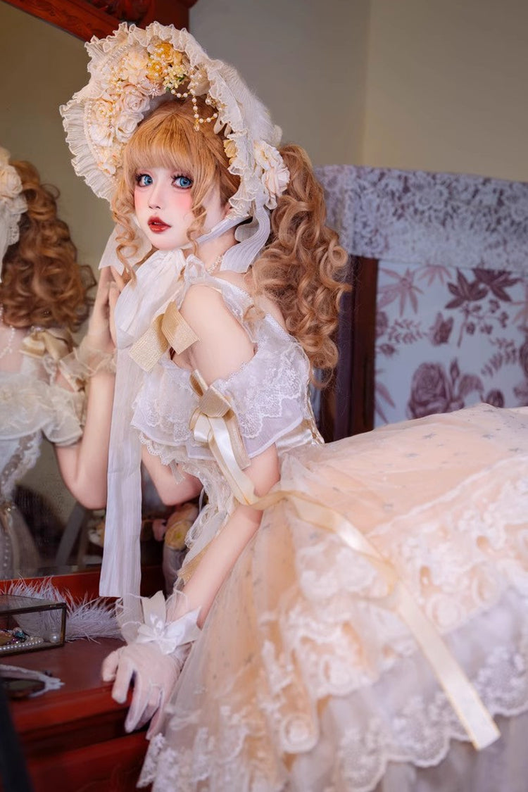 Yellow Glazed Phantom Off Shoulder Ruffle Hanayome Bowknot Lace Sweet Elegant Lolita Dress