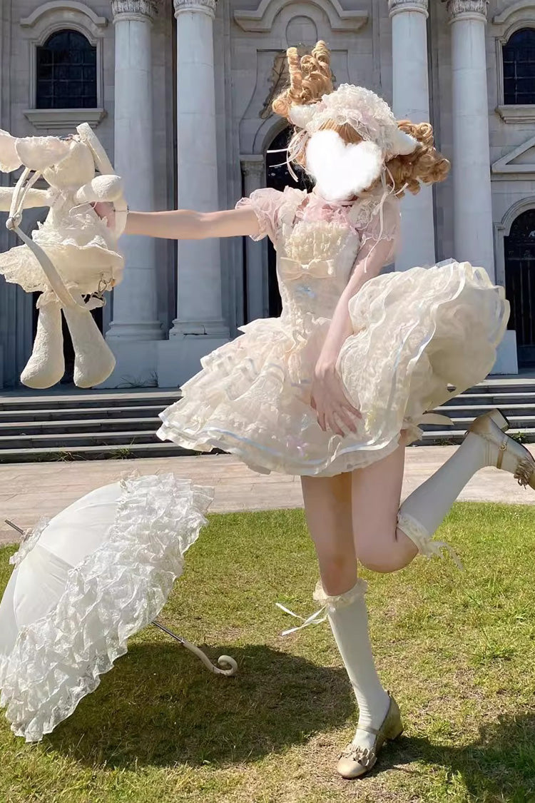 Apricot Butterfly Heart Ballet Triple-Layered Ruffle Bowknot Lace Sweet Ballet Lolita Jsk Dress