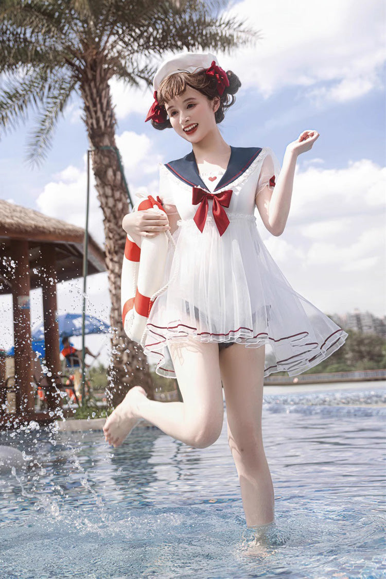 White/Blue/Red Bowknot Short Sleeves Navy Cute Sweet Lolita One Piece Swimsuit