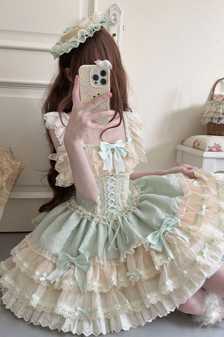 Green Flory Butterfly Double-Layered Ruffle Bowknot Lace Lace-Up Sweet Ballet Lolita Jsk Dress