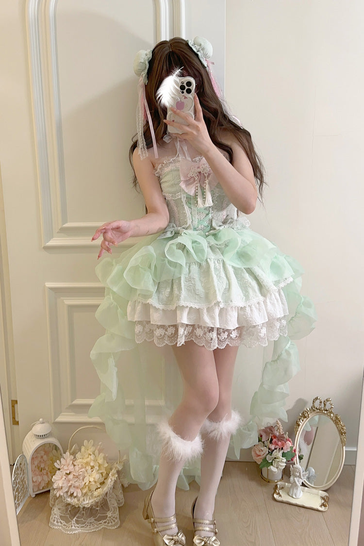 Green Rain and Flowers Halterneck Jacquard Ruffle Bowknot Lace Sweet Lolita Jsk Dress