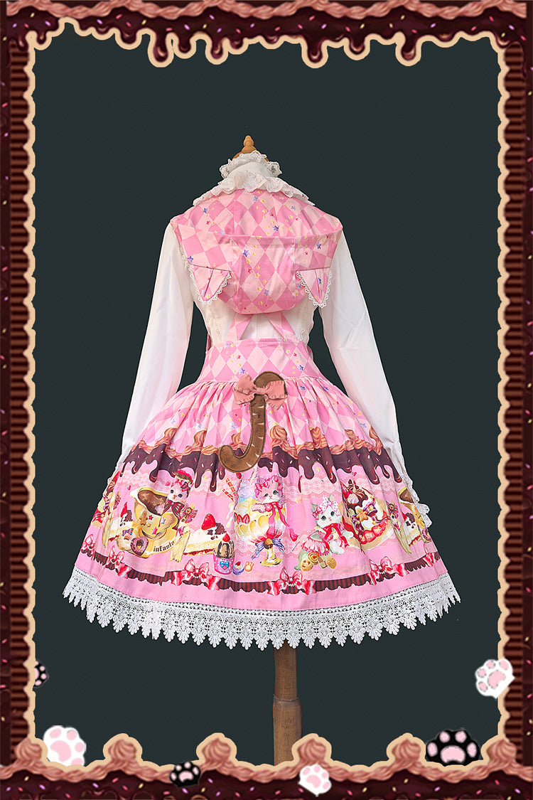 Cream Meow Sleeveless Print Bowknot Hooded Sweet Lolita Strap Dress 3 Colors