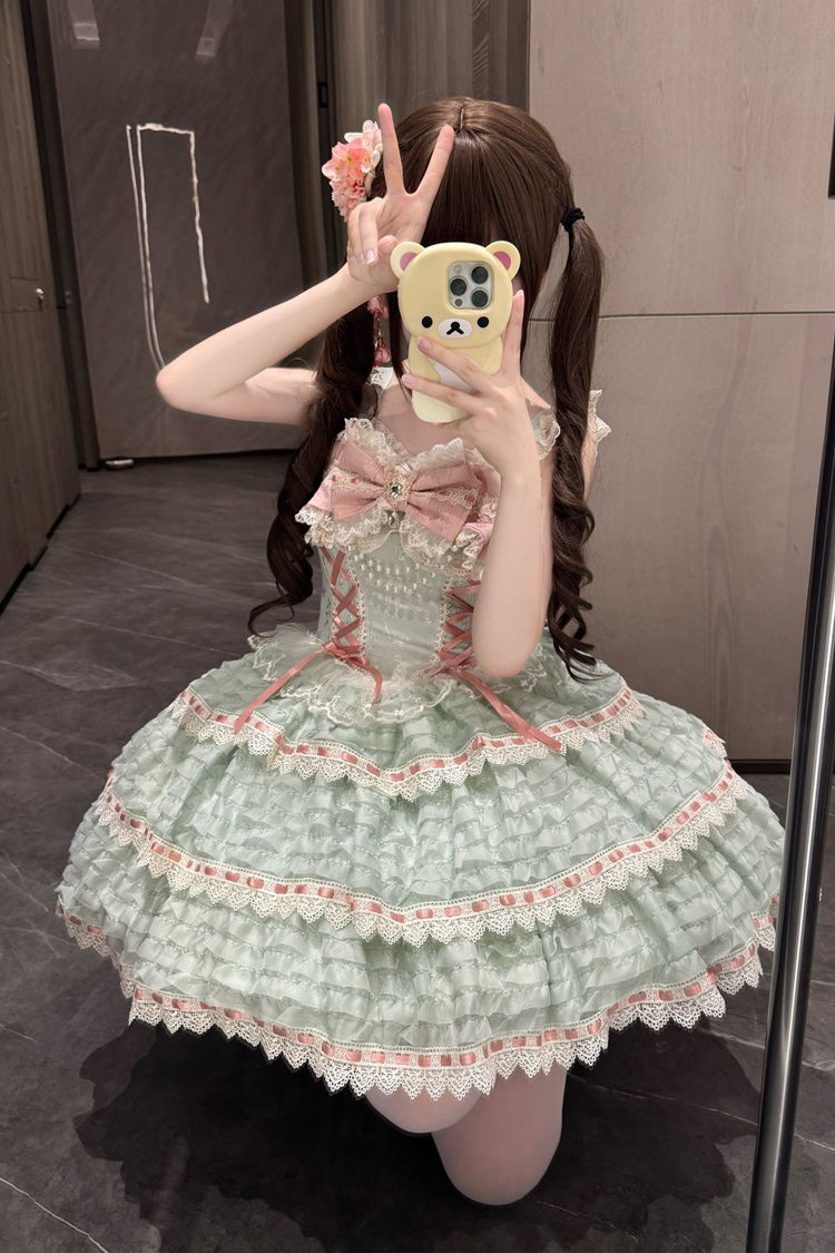 Green Song of Floral Letters Sleeveless Triple-Layered Bowknot Lace-Up Sweet Lolita Jsk Dress