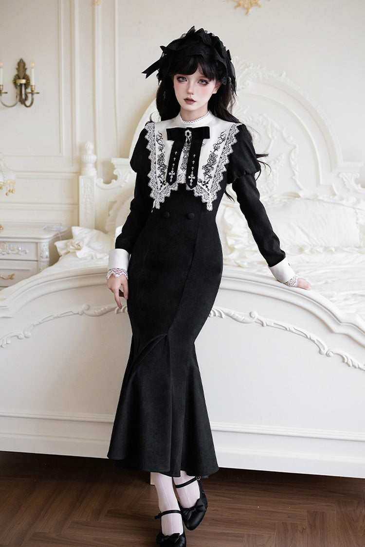 Black/White Rose Doll Square Collar Long Sleeves Bowknot Lace-Up Gothic Lolita Dress Set 2 Versions