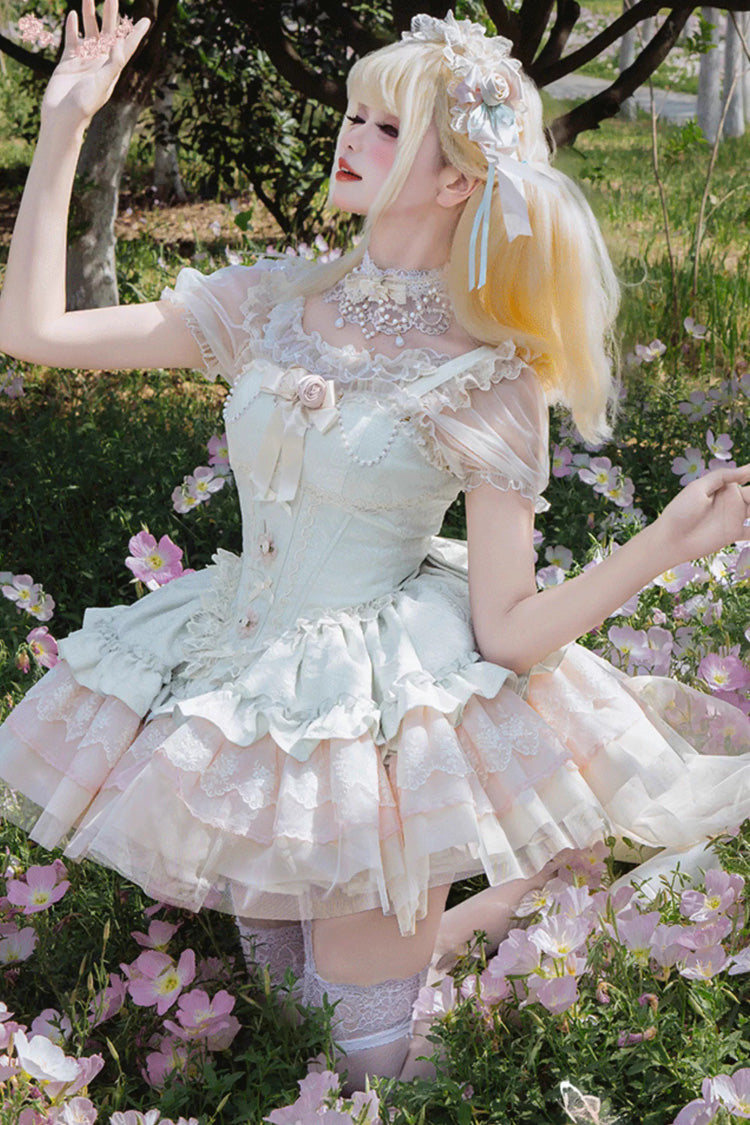 Green Fleeting Light and Shallow Dream Sleeveless Multi-Layered Ruffle Bowknot Lace Slim Sweet Ballet Lolita Jsk Dress