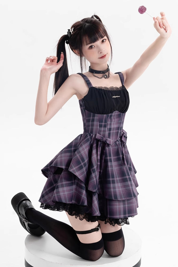 Purple Magic Cat Double-Layered Stripe Print Bowknot Sweet Lolita Jumper Dress