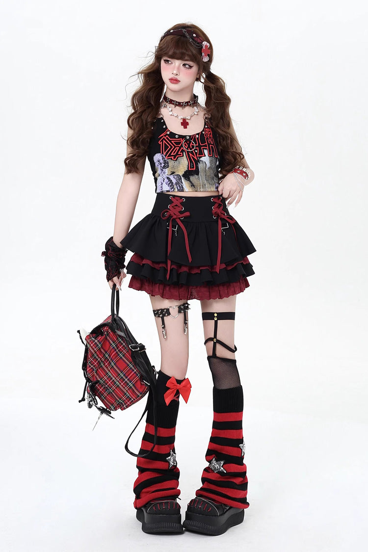 Rebellious Period Double-Layered Ruffle Lace-Up Gothic Japanese Lolita Skirt 3 Colors