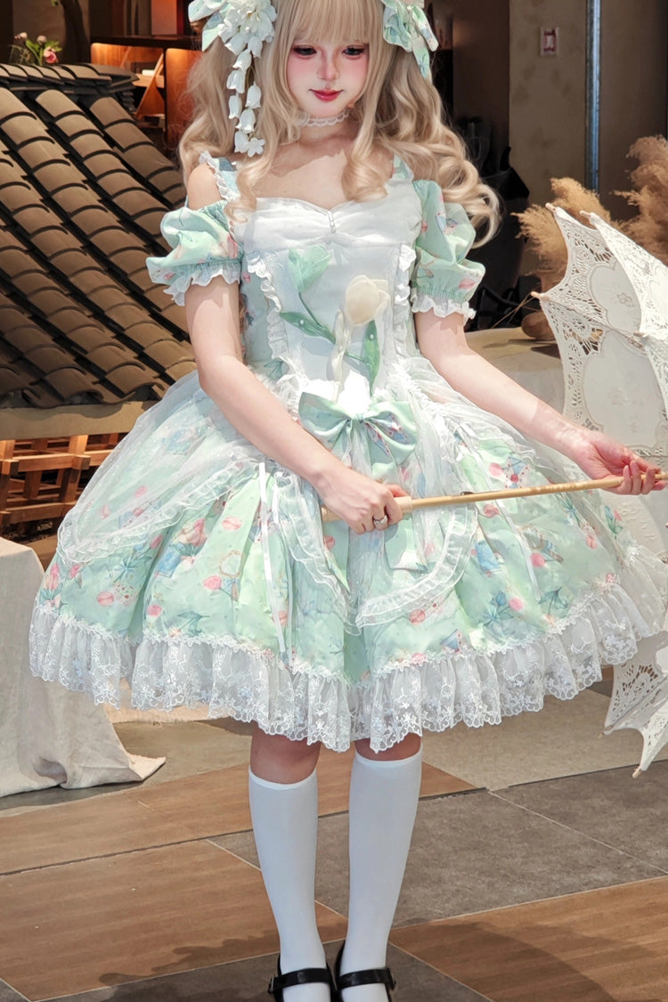 Green Tulip's Letter Off Shoulder Short Sleeves Print Ruffle Bowknot Lace Sweet Elegant Lolita Dress