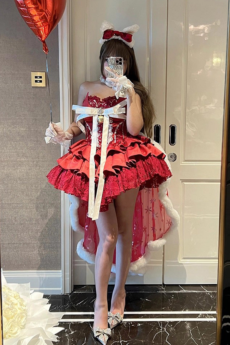 Red Holiday Lovers Sleeveless Triple-Layered Ruffle Hollow Bowknot Lace-Up Princess Ballet Sweet Lolita Dress