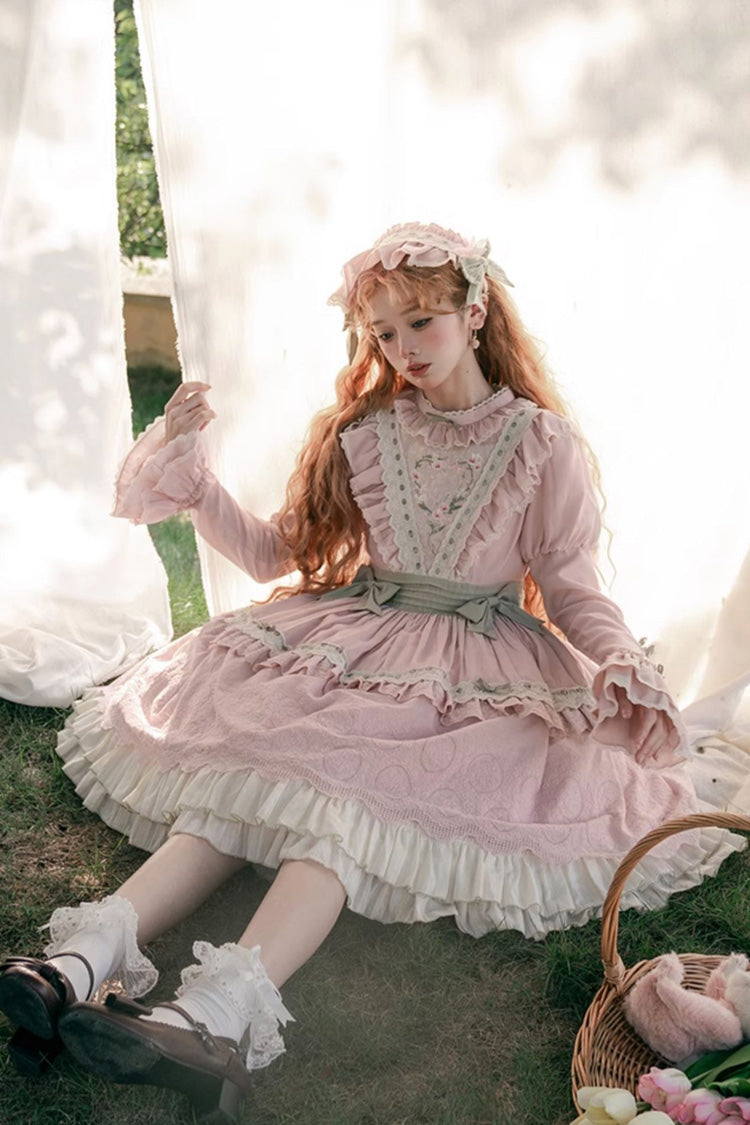 Pink Solitary Orchid In Quiet Valley Long Sleeves Multi-Layered Embroidery Bowknot Sweet Lolita Dress