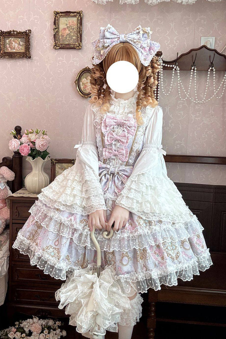 Purple Candelabrum Elegy Sleeveless Triple-Layered Flower Wall Printed Ruffled Bow Lace Sweet Lolita Jsk Dress
