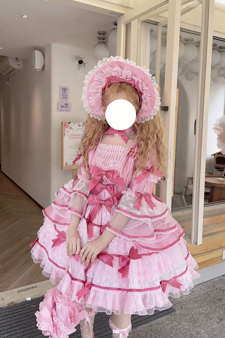 Pink Velvet Cake Long Trumpet Sleeves Multi-Layered Ruffle Bowknot Lace Sweet Lolita Dress