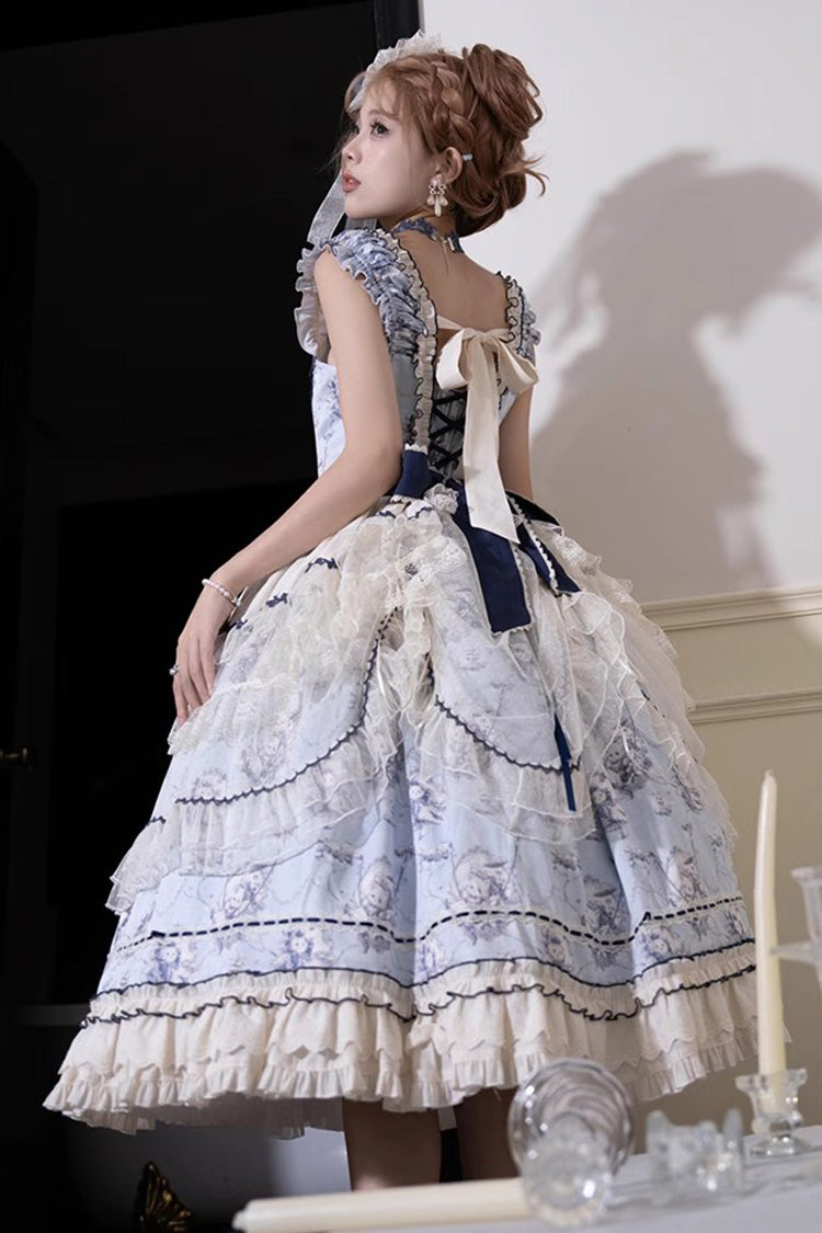 Blue Swing Cat Print Ruffle Bowknot Lace Sweet Elegant Lolita Jsk Dress
