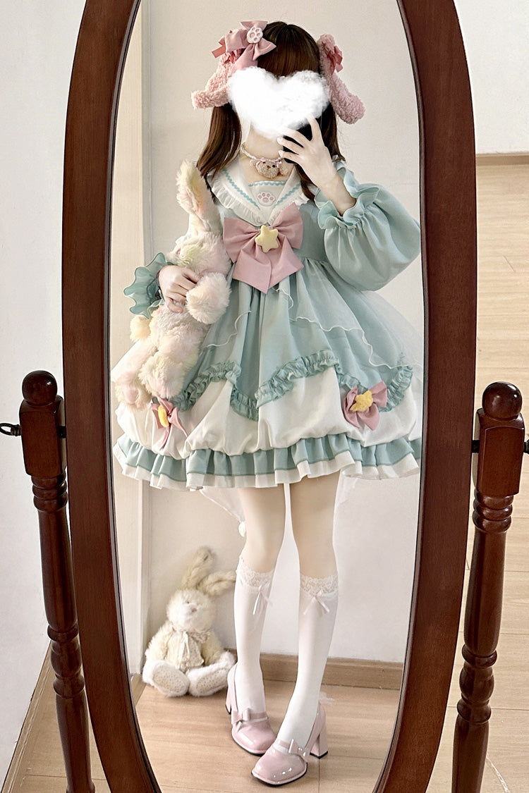 Pray Star Long Sleeves Double-Layered Ruffle Bowknot Stitching Lace Sweet Lolita Dress 5 Colors