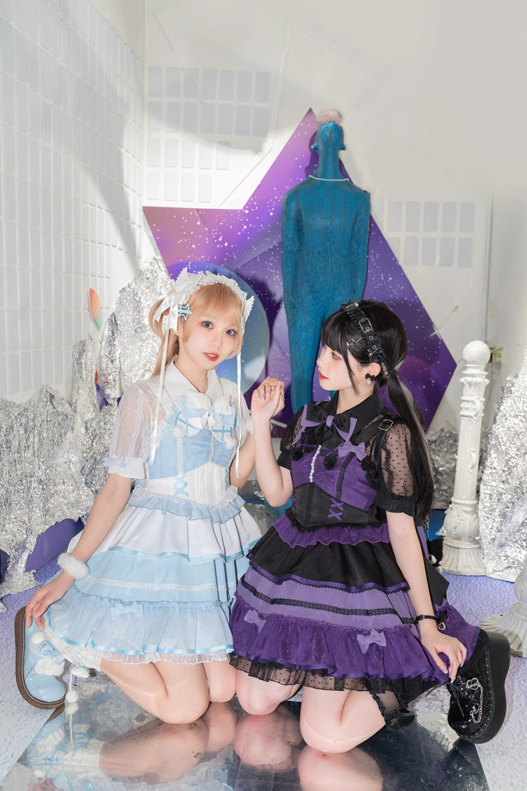 Black/Purple Cotton Cloud Lapel Collar Ruffle Bowknot Lace-Up Gothic Lolita Jsk Dress