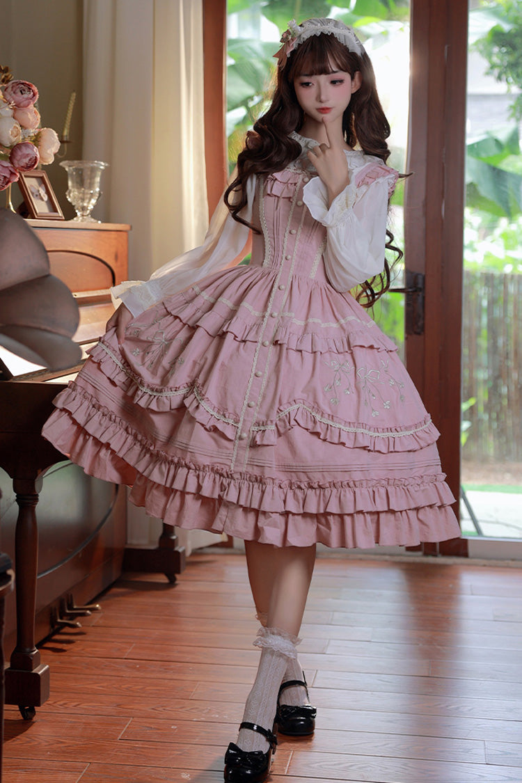 Pink Pastoral Style Double-Layered Ruffle Embroidery Sweet Lolita Jsk Dress