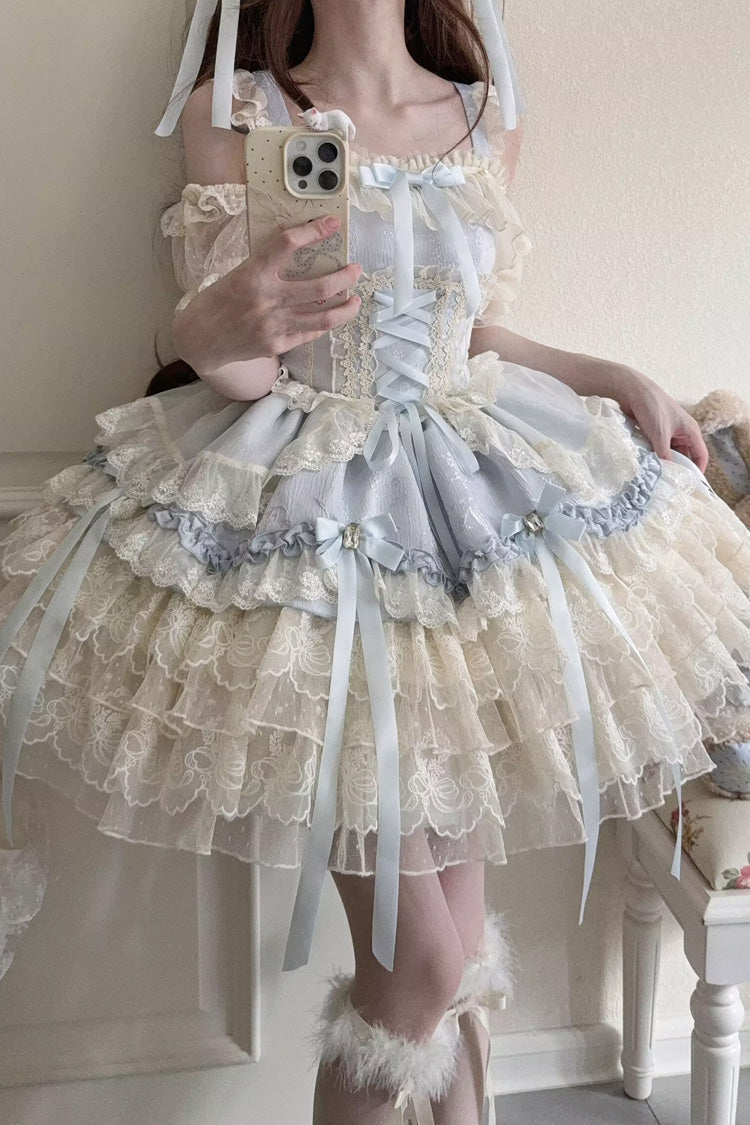 Blue Ribbon Heart Love Sleeveless Multi-Layered Ruffle Bowknot Lace Lace-Up Sweet Princess Ballet Lolita Jsk Dress