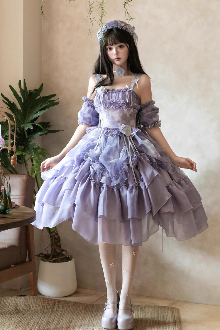 Goodnight Camellia Sleeveless Ombre Multi-Layered Printed Ruffled Lace Fishbone Sweet Lolita Jsk Dress 3 Colors