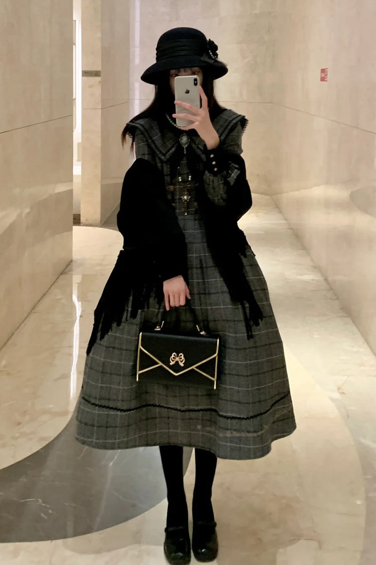 Grey Fontainebleau Long Sleeves Plaid Print Bowknot Elegant Sweet Lolita Dress
