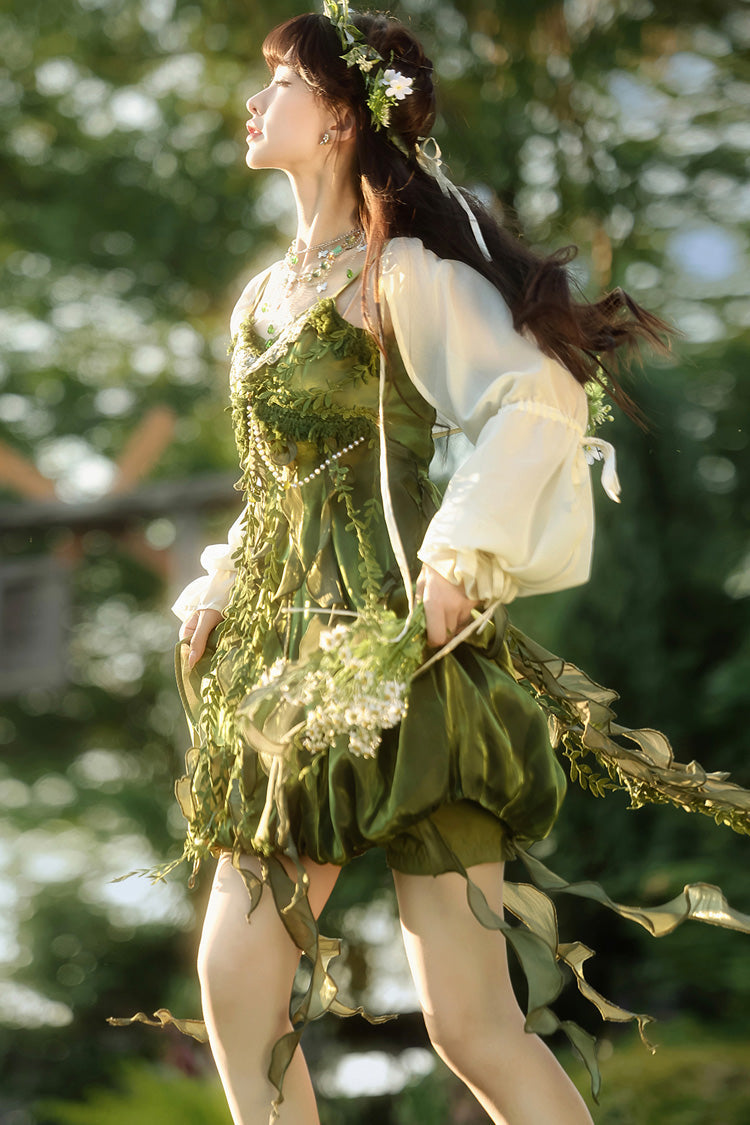 Green Children of the Forest Leaf Decoration Ruffle Irregular Sweet Lolita Jsk Dress Set