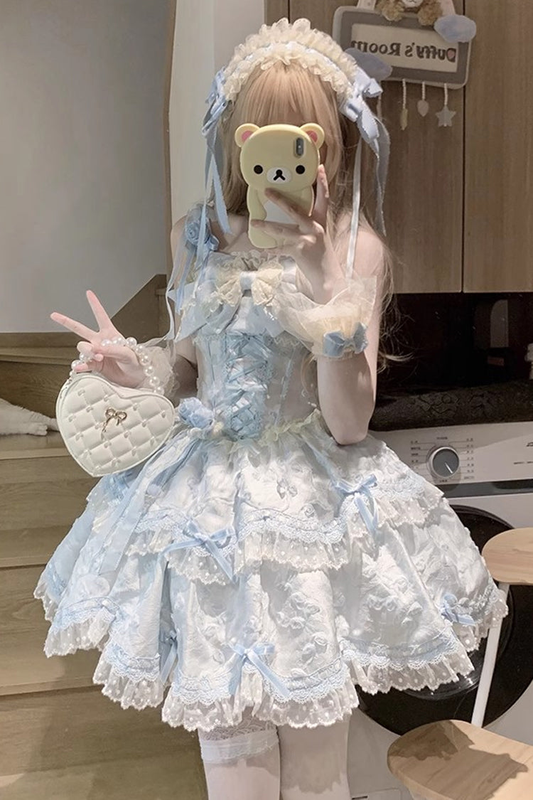 Blue Floral Overture Double-Layered Ruffle Embroidery Bowknot Lace Sweet Lolita Jsk Dress