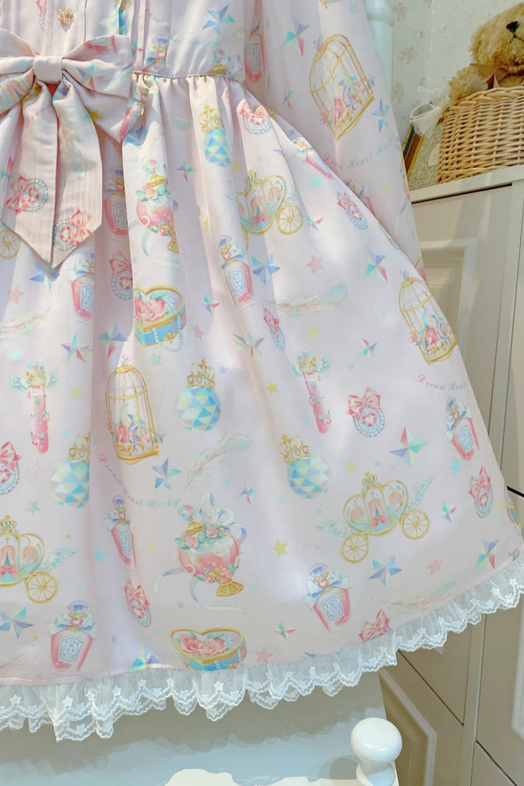 White/Apricot Long Sleeves Print Bowknot Lace Sweet Plus Size Lolita Dress