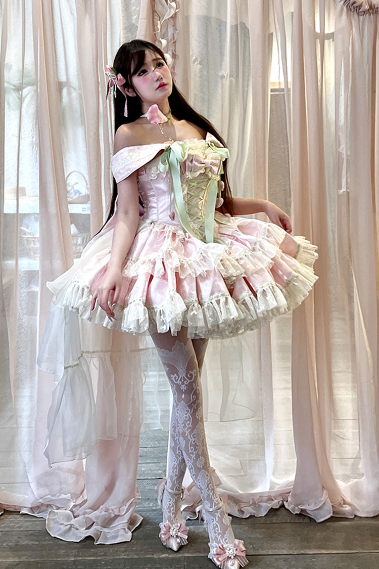 Pink Tulip Love Song Boat Neck Double-Layered Ruffle Bowknot Lace Lace-Up Romantic Sweet Princess Lolita Dress