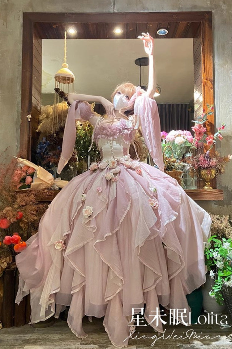 Praise of the Flower Goddess Off Shoulder Ruffle Hanayome Bowknot Lace Fishbone Sweet Lolita Jsk Dress 2 Colors