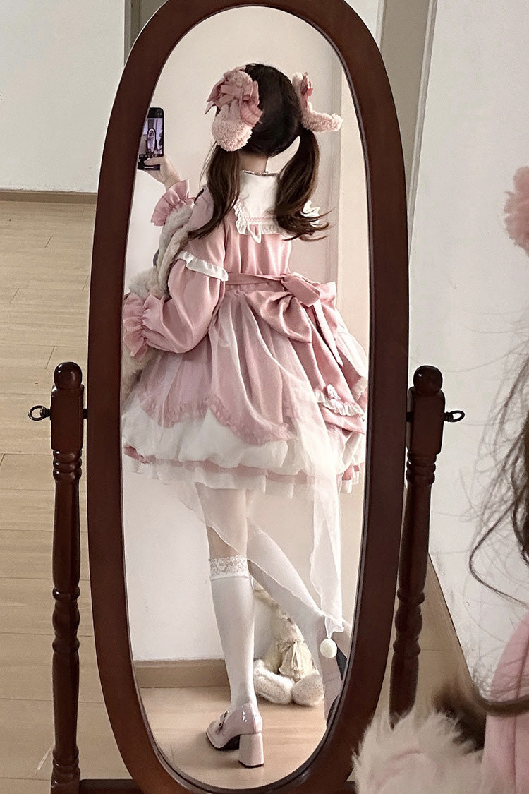 Pray Star Long Sleeves Double-Layered Ruffle Bowknot Stitching Lace Sweet Lolita Dress 5 Colors