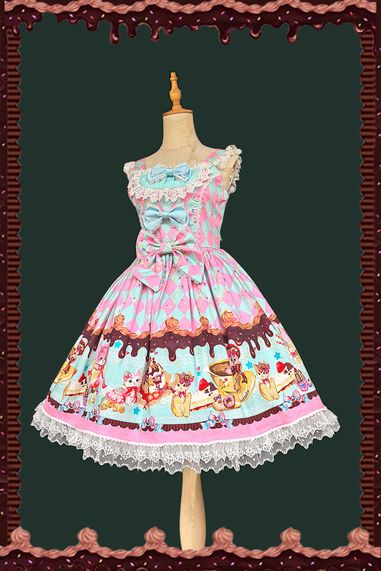 Cream Meow Sleeveless Print Bowknot Lace Sweet Lolita Jsk Dress 3 Colors