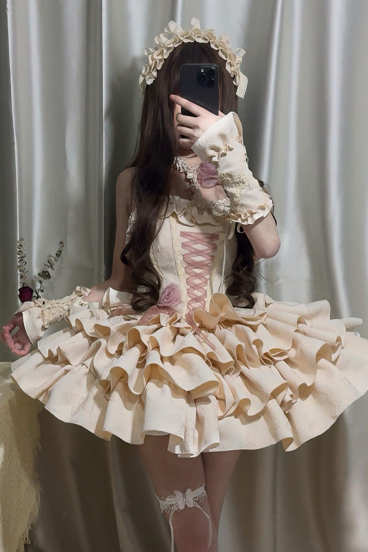 Sunset Venus Halterneck Sleeveless Multi-Layered Ruffle Bowknot Lace Fishbone Sweet Lolita Dress 2 Colors