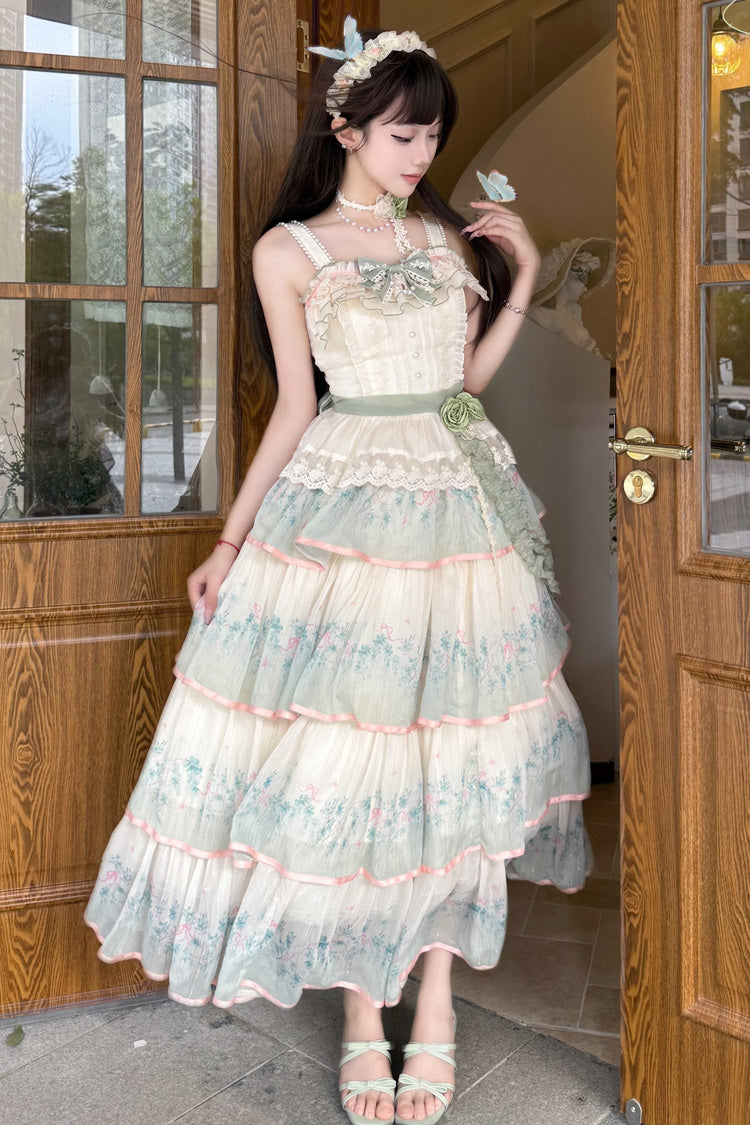Green Lilac Thoughts Sleeveless Gradient Multi-Layered Print Ruffle Bowknot Lace Sweet Lolita Dress Set