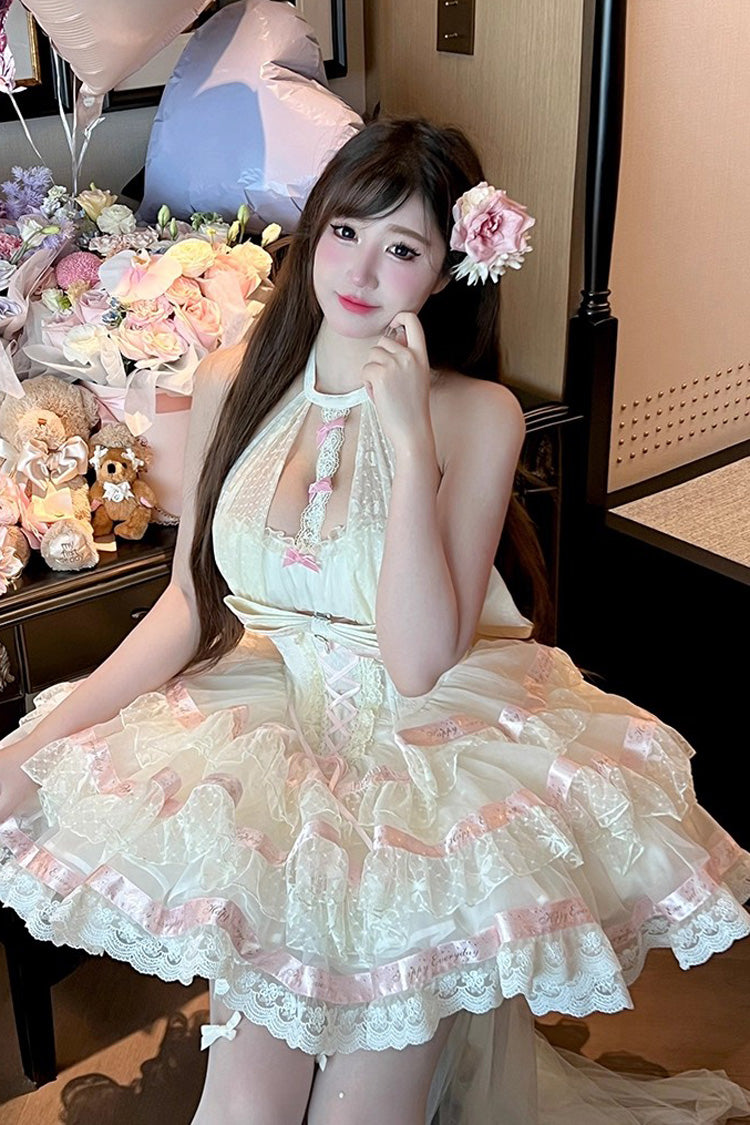 Beige Ballet Dream Halterneck Triple-Layered Ruffle Bowknot Lace-Up Sweet Princess Lolita Dress