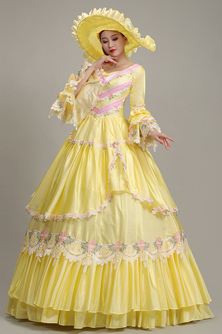 Yellow Hime Sleeves High Waisted Lace Stitching Hollow Floral Print Ruffled Multi-Layer Victorian Lolita Prom Tiered Dress