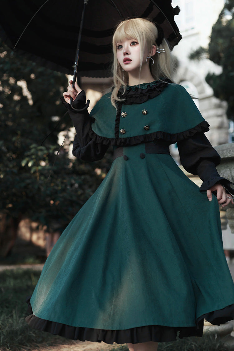 Green Potions School Long Sleeves Ruffle Bowknot Sweet Elegant Lolita Dress Two-piece Set