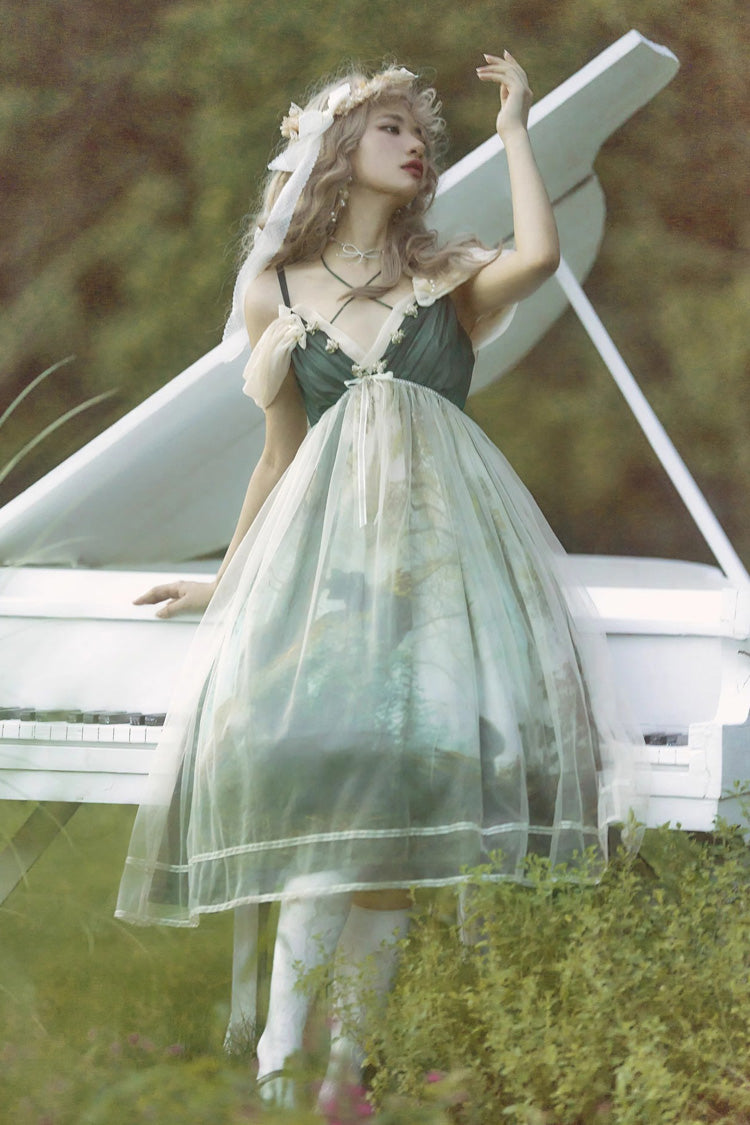 Green V Collar Morning In Pine Forest Print Sweet Lolita Jsk Dress