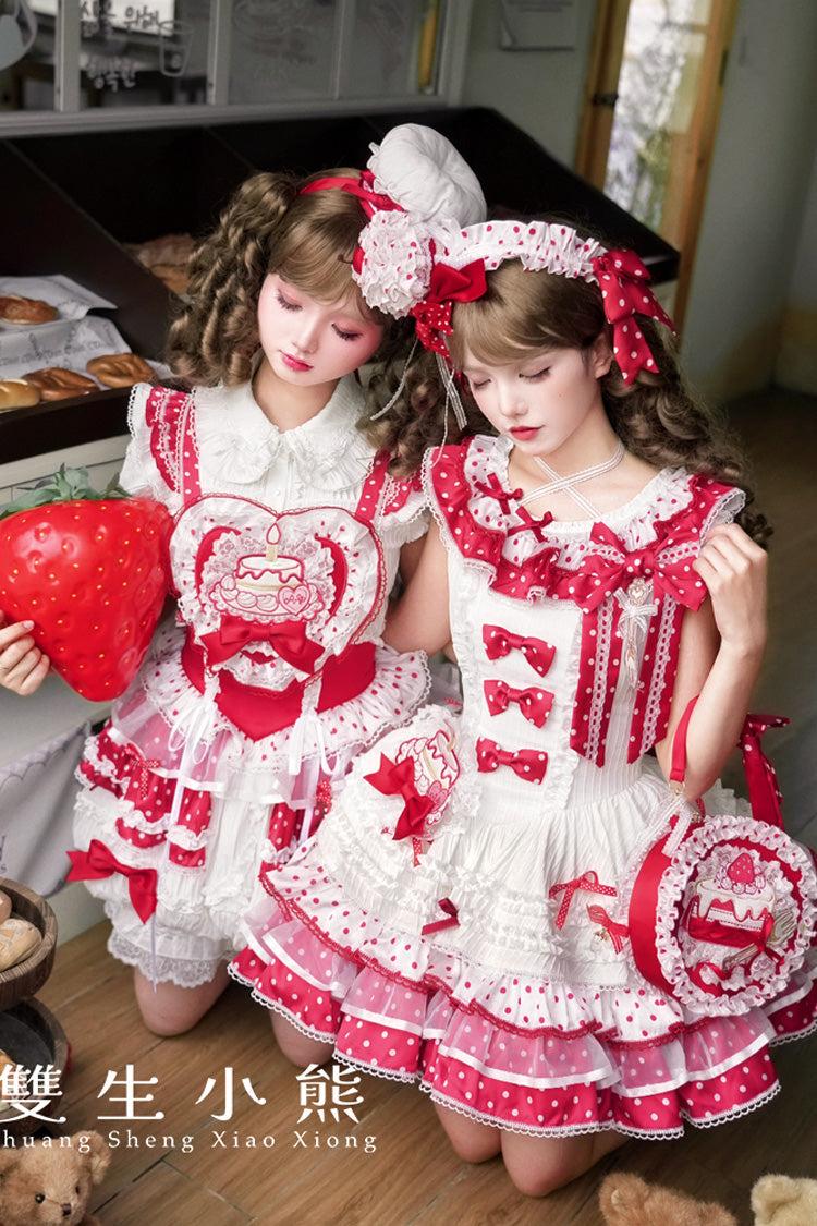 Red/White Twin Bears Sleeveless Triple-Layered Print Ruffle Bowknot Lace Sweet Lolita Jsk Dress