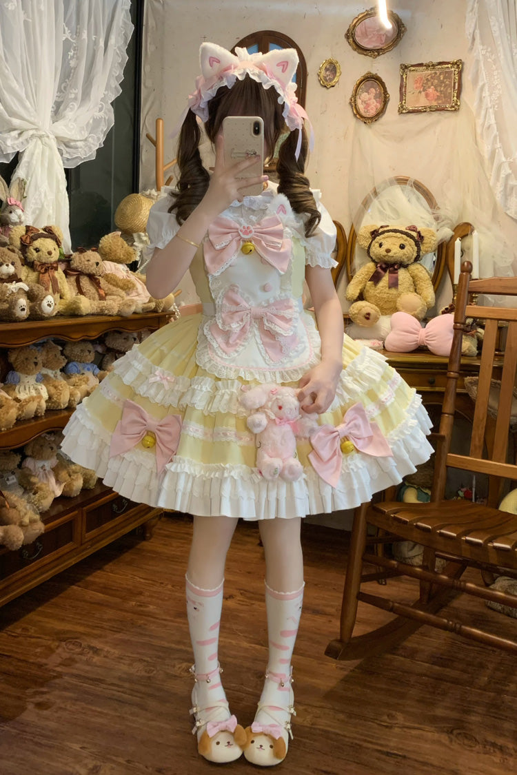 Yellow Meowling Sweet Maid Sleeveless Multi-Layered Ruffle Bowknot Lace Sweet Princess Lolita Jsk Dress