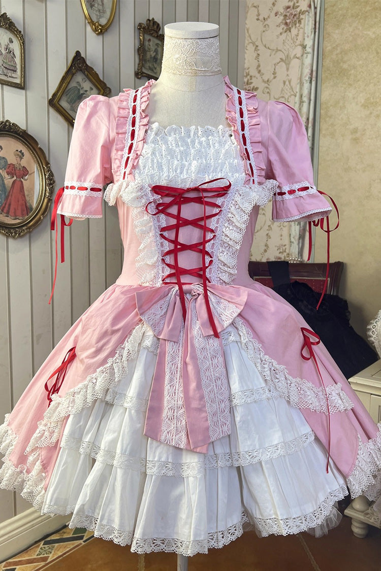 Miss Rella Short Sleeves Multi-Layered Ruffle Cardigan Bowknot Lace-Up Sweet Lolita Dress 9 Colors