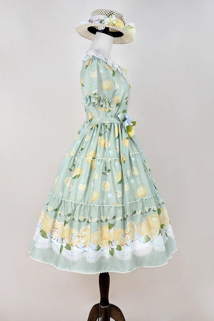 Green Lemon Chicken Short Sleeves Print Ruffle Bowknot Lace Daily Sweet Lolita Dress