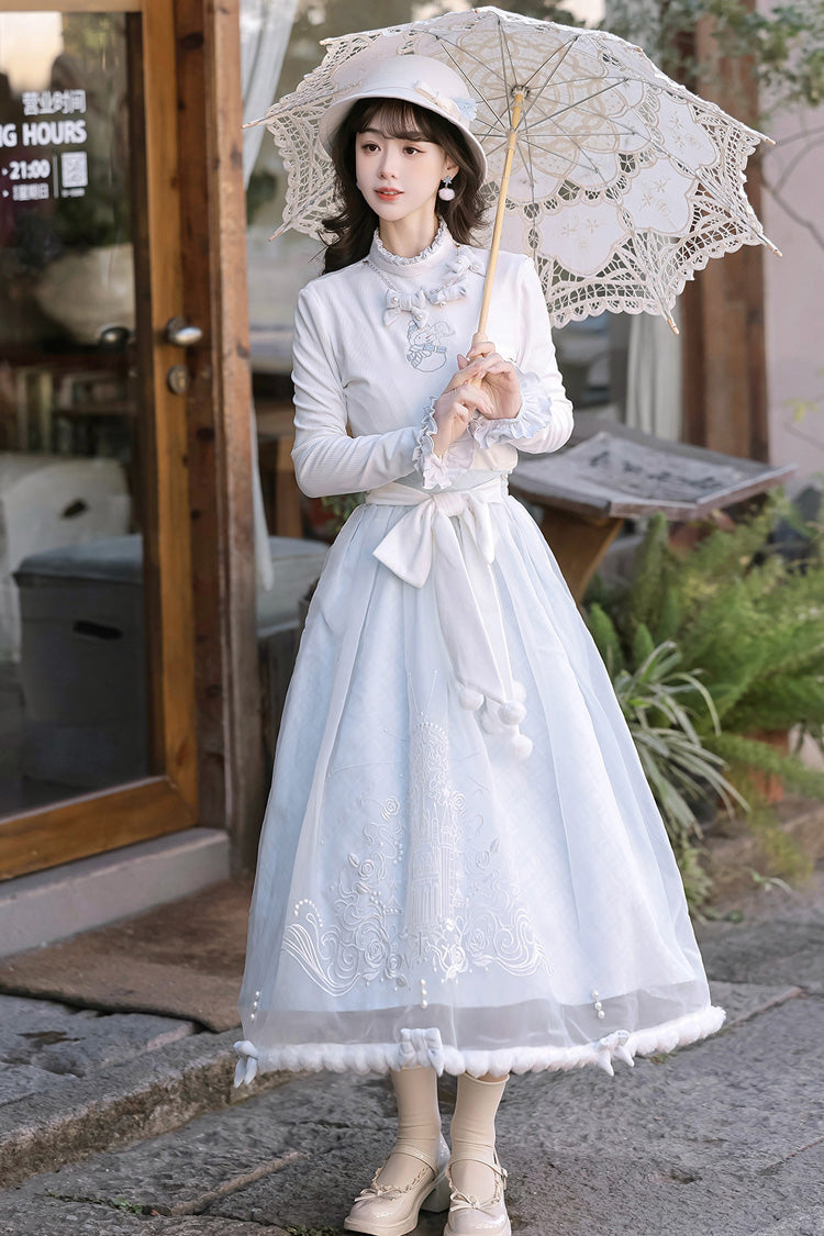 White/Blue Sunny Sky Snow Doll Long Sleeves Embroidered Bow Sweet Elegant Lolita Skirt Coat Set