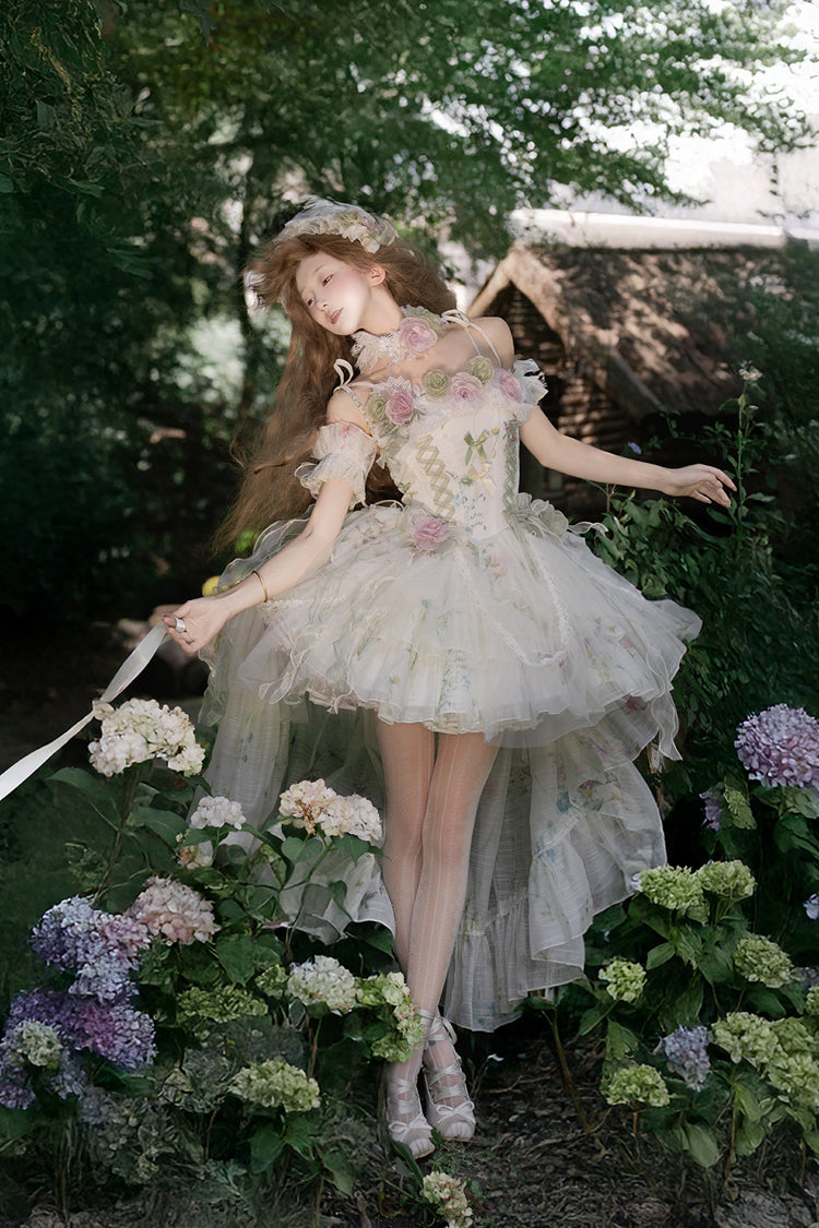 Green Spring Rose Sleeveless Multi-Layered Bowknot Lace-Up Fishbone Sweet Lolita Jsk Dress