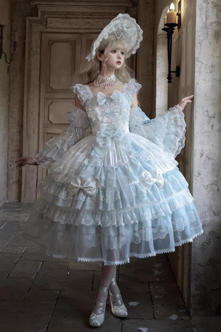Blue Prelude of Spring Sleeveless Multi-Layered Ruffled Bow Lace Sweet Princess Lolita Jsk Dress