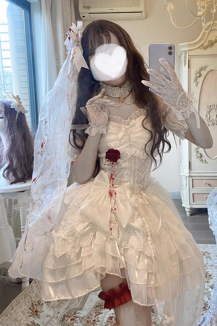 White Blood Kiss Bride Halterneck Multi-Layered Ruffle Hanayome Bowknot Lace Gothic Lolita Jsk Dress